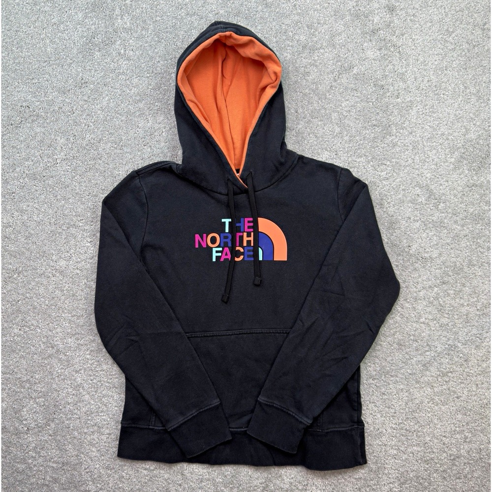 The North Face Womens M Hoodie Black Multicolor Logo Orange Lined Pullover